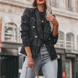 VICI- Giovana Pocketed Tweed Blazer - Black - Large